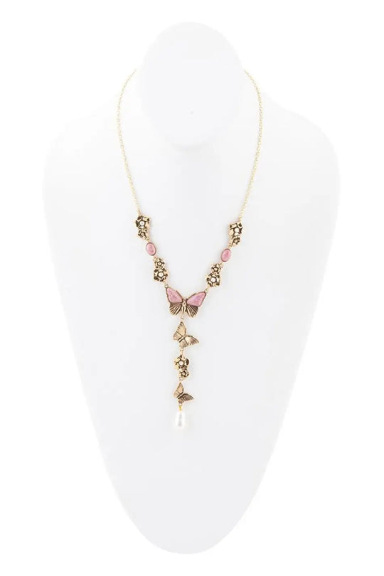 Pink Rhodonite and White Pearl Golden Butterflies Y Necklace - Necklaces