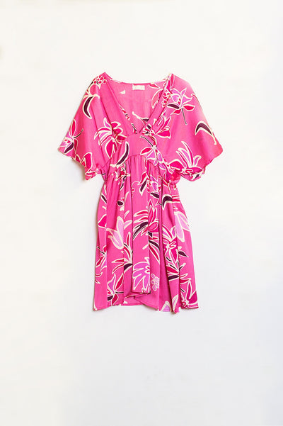 Pink Short Dress With Flower Print And V-neckline