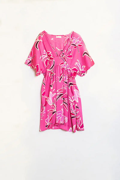 Pink Short Dress With Flower Print And V-neckline - Dresses