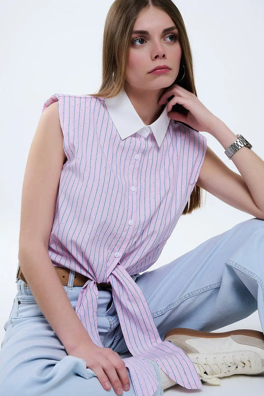 Pink Sleeveless Crop Top With Front Knot - Shirts