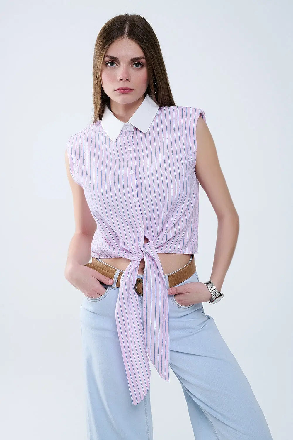 Pink Sleeveless Crop Top With Front Knot - Shirts