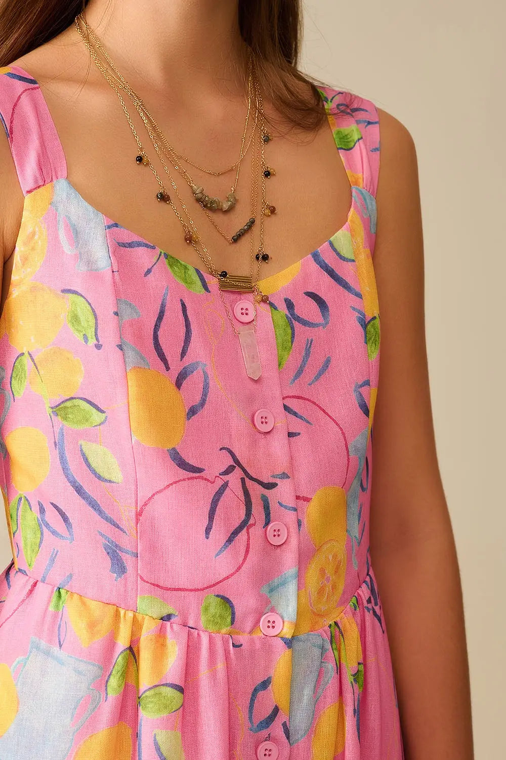 Pink Sleeveless maxi Dress with Lemon Print - Dresses