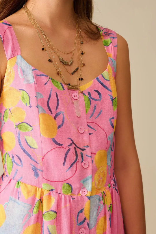 Pink Sleeveless maxi Dress with Lemon Print - Dresses