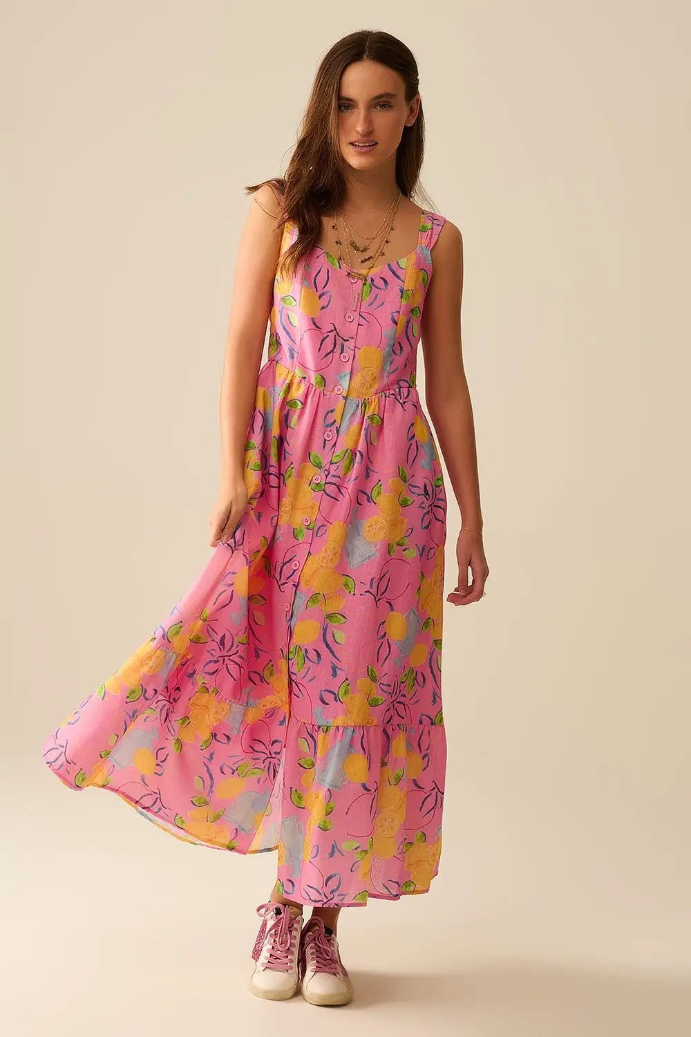 Pink Sleeveless maxi Dress with Lemon Print - Dresses