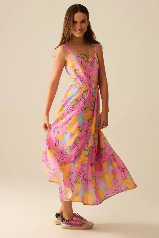 Pink Sleeveless maxi Dress with Lemon Print - Dresses