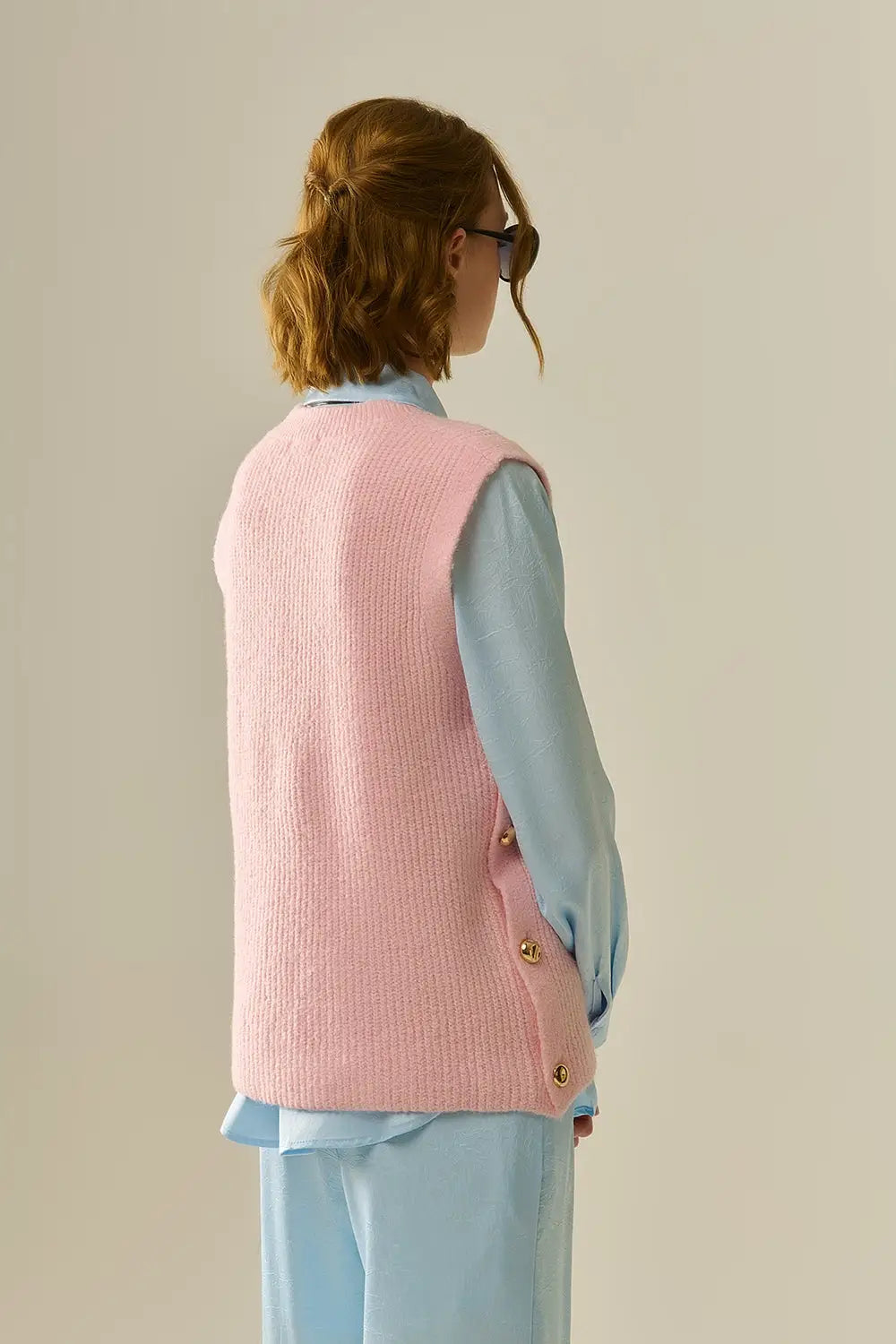 Pink sleeveless sweater with gold buttons - One Size / Pink - Sweaters