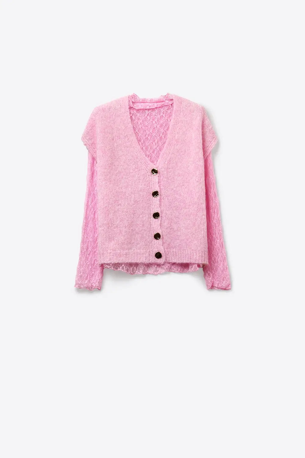 Q2 Pink Soft Knit Button-Front Layered Sweater