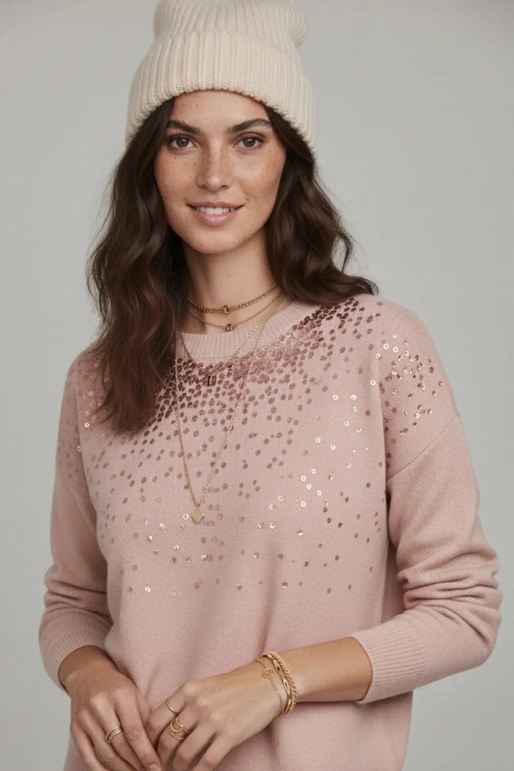 Pink soft knit sweater embellished with sequins on the front - One Size / Pink