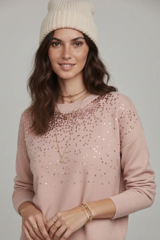 Pink soft knit sweater embellished with sequins on the front - One Size / Pink