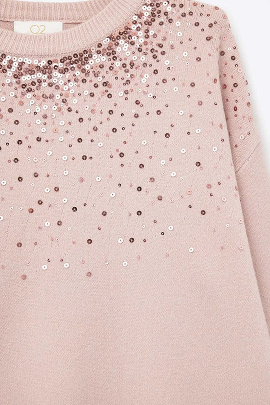 Pink soft knit sweater embellished with sequins on the front - One Size / Pink