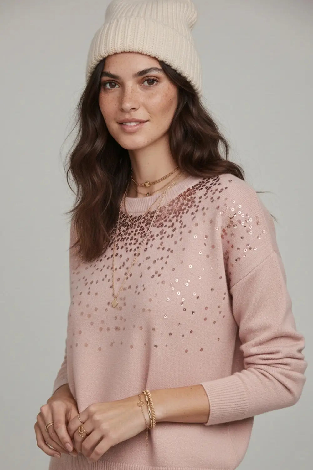 Pink soft knit sweater embellished with sequins on the front - One Size / Pink