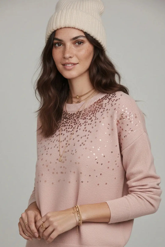 Pink soft knit sweater embellished with sequins on the front - One Size / Pink