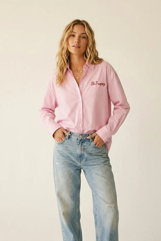 Q2 Pink Striped Button-Up Shirt with Embroidered Detail