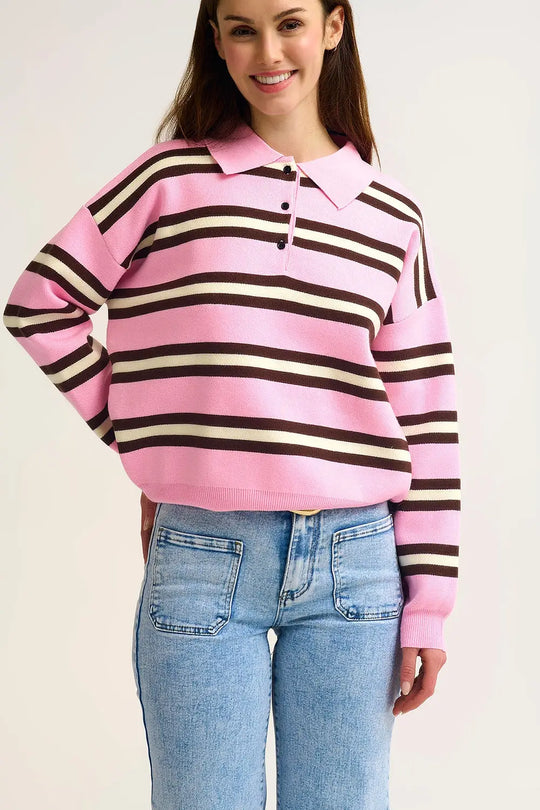 Pink Striped Knit Polo Sweater with Relaxed Fit - One Size / Pink - Sweaters