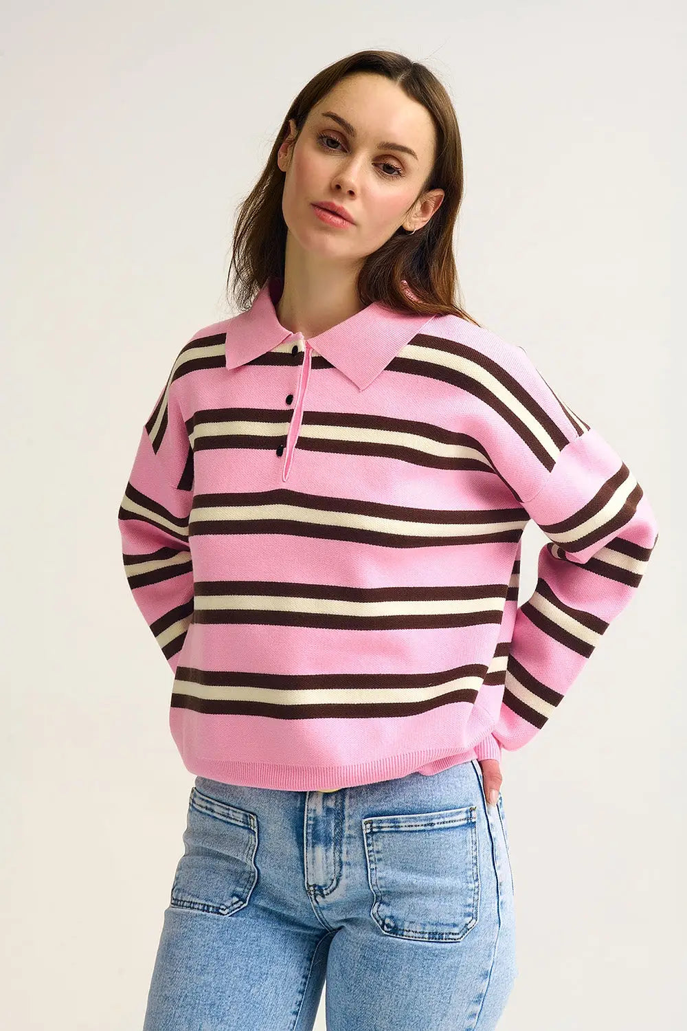 Pink Striped Knit Polo Sweater with Relaxed Fit - One Size / Pink - Sweaters