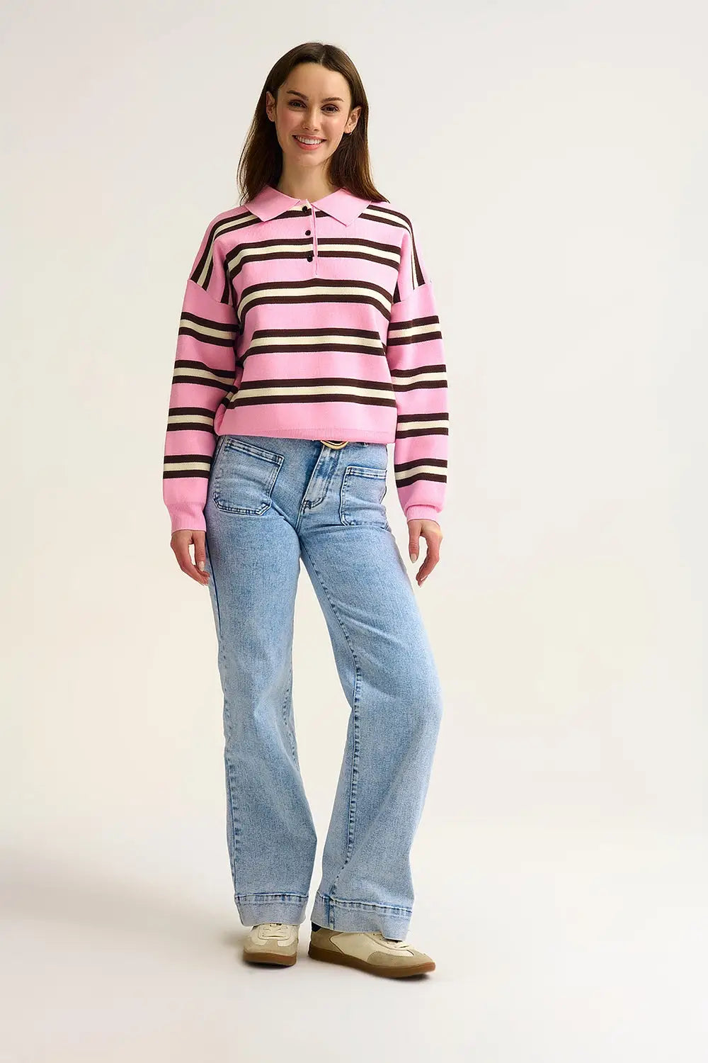 Pink Striped Knit Polo Sweater with Relaxed Fit - One Size / Pink - Sweaters
