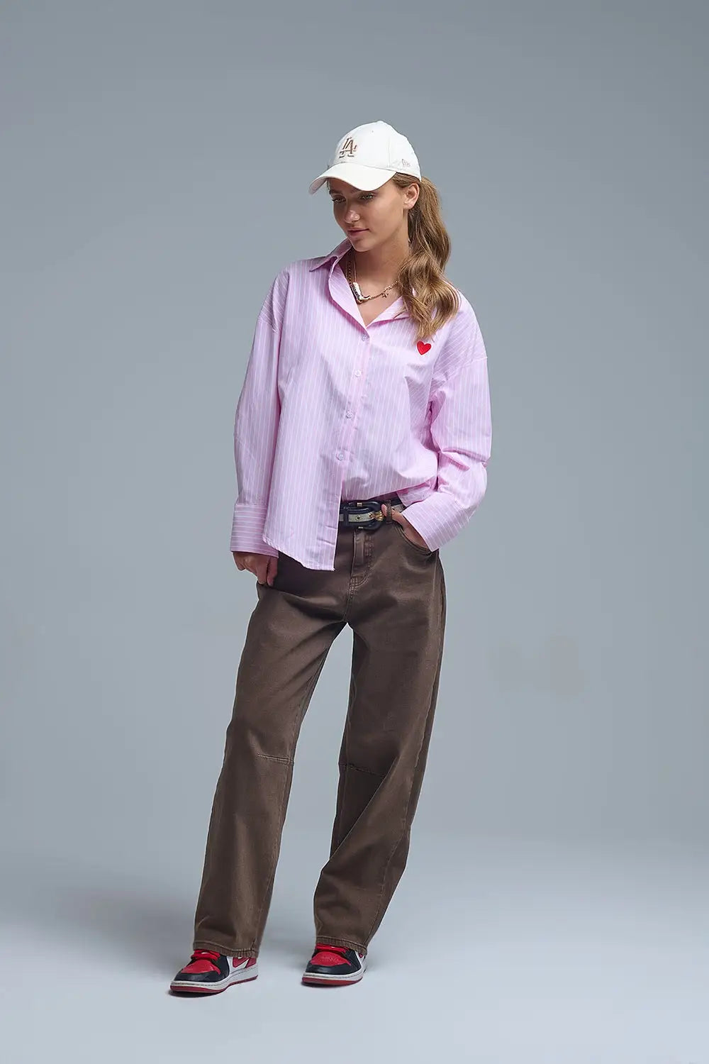 Pink Striped shirt with red heart embroidery - Shirts