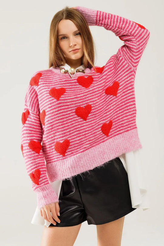Q2 pink striped Sweater with hearts in red color