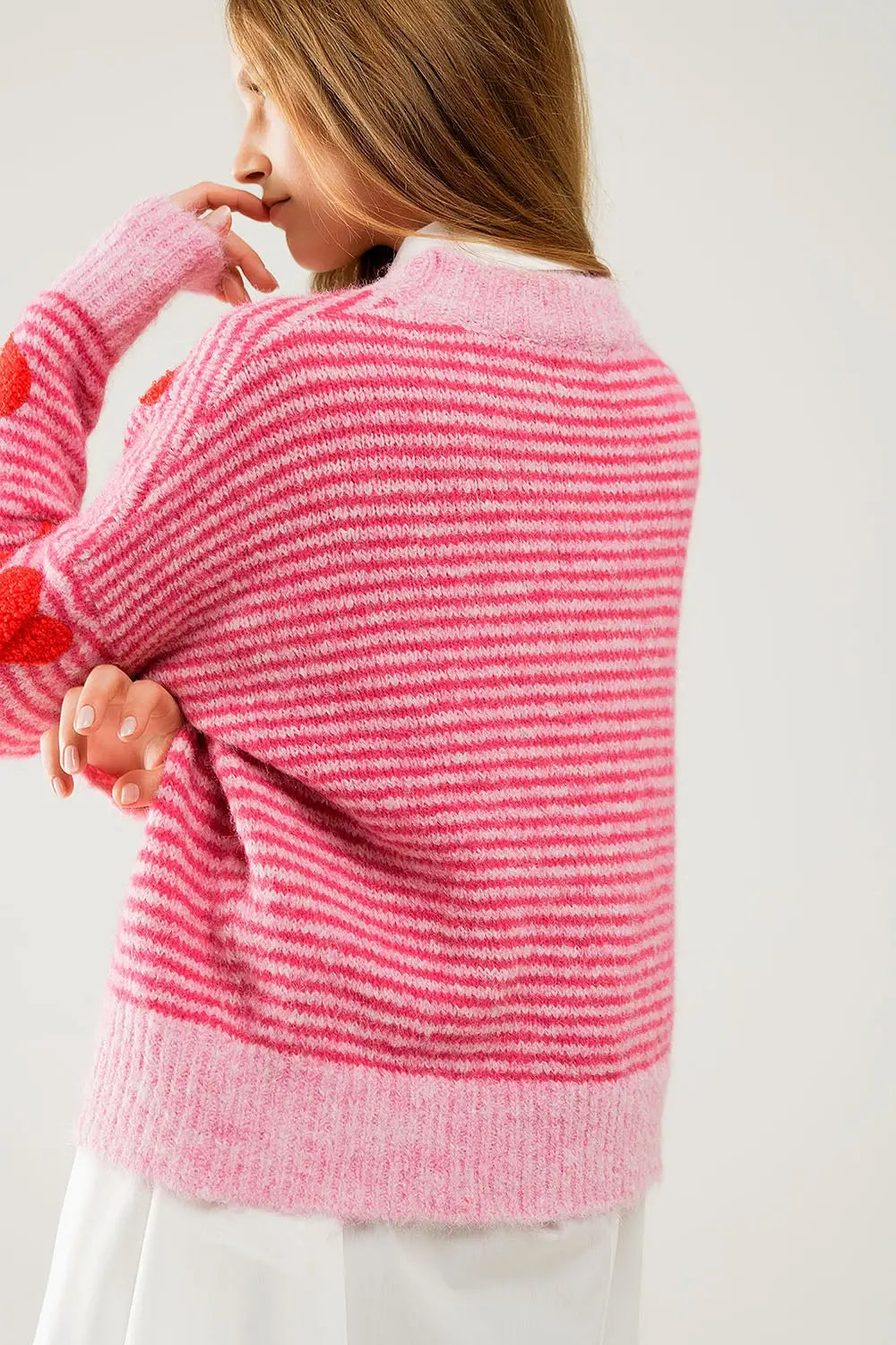 pink striped Sweater with hearts in red color - One Size / Fuchsia - Sweaters