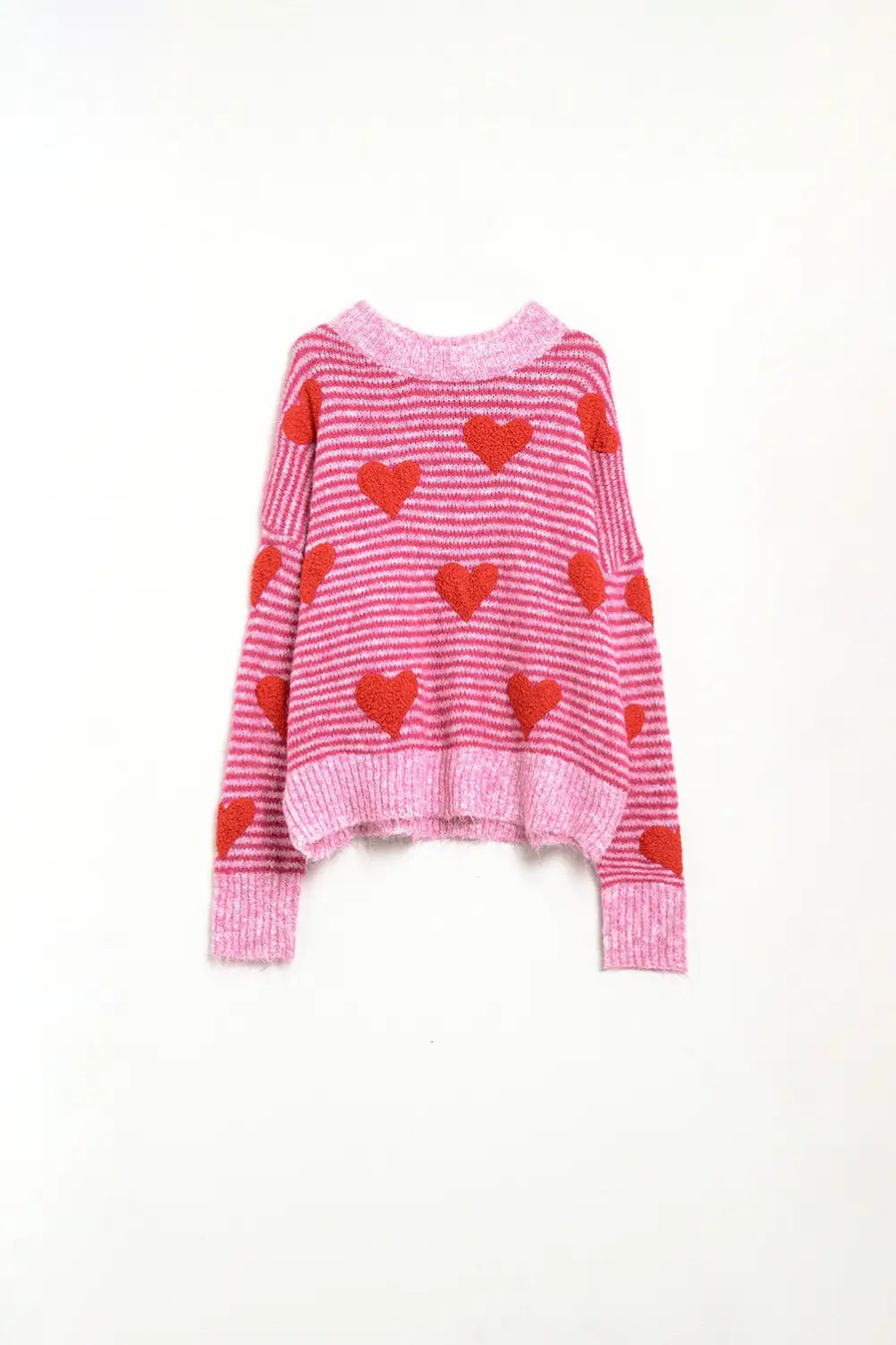 pink striped Sweater with hearts in red color - One Size / Fuchsia - Sweaters