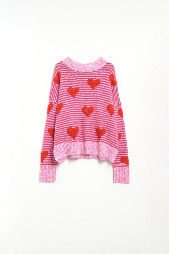pink striped Sweater with hearts in red color - One Size / Fuchsia - Sweaters