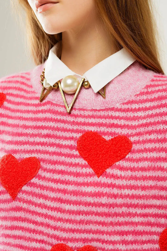 pink striped Sweater with hearts in red color - One Size / Fuchsia - Sweaters