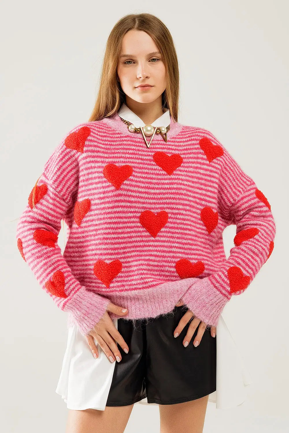pink striped Sweater with hearts in red color - One Size / Fuchsia - Sweaters