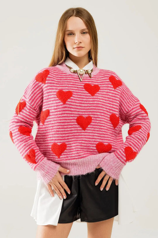 pink striped Sweater with hearts in red color - One Size / Fuchsia - Sweaters