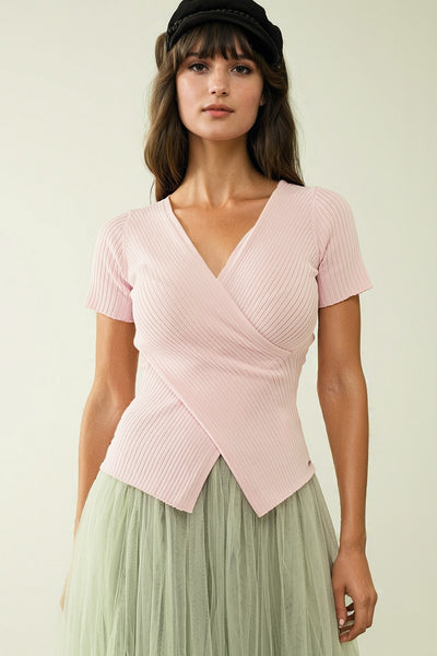 Pink sweater with crossed front and V-neck