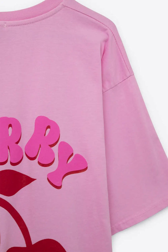 Pink T-shirt with Cherry in logo and letters - One Size / Pink - Tops