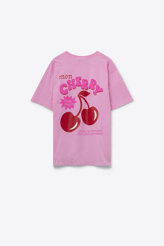 Pink T-shirt with Cherry in logo and letters - One Size / Pink - Tops