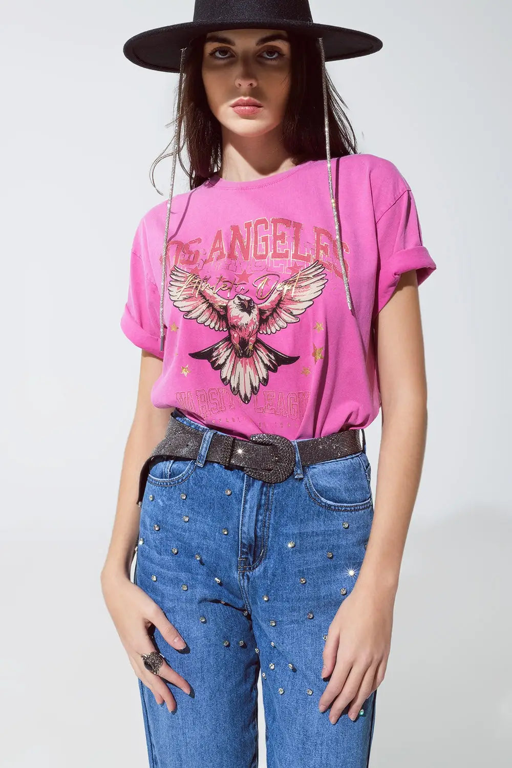 Pink T-shirt with Los Angeles print on the front - One Size / Pink - Tops