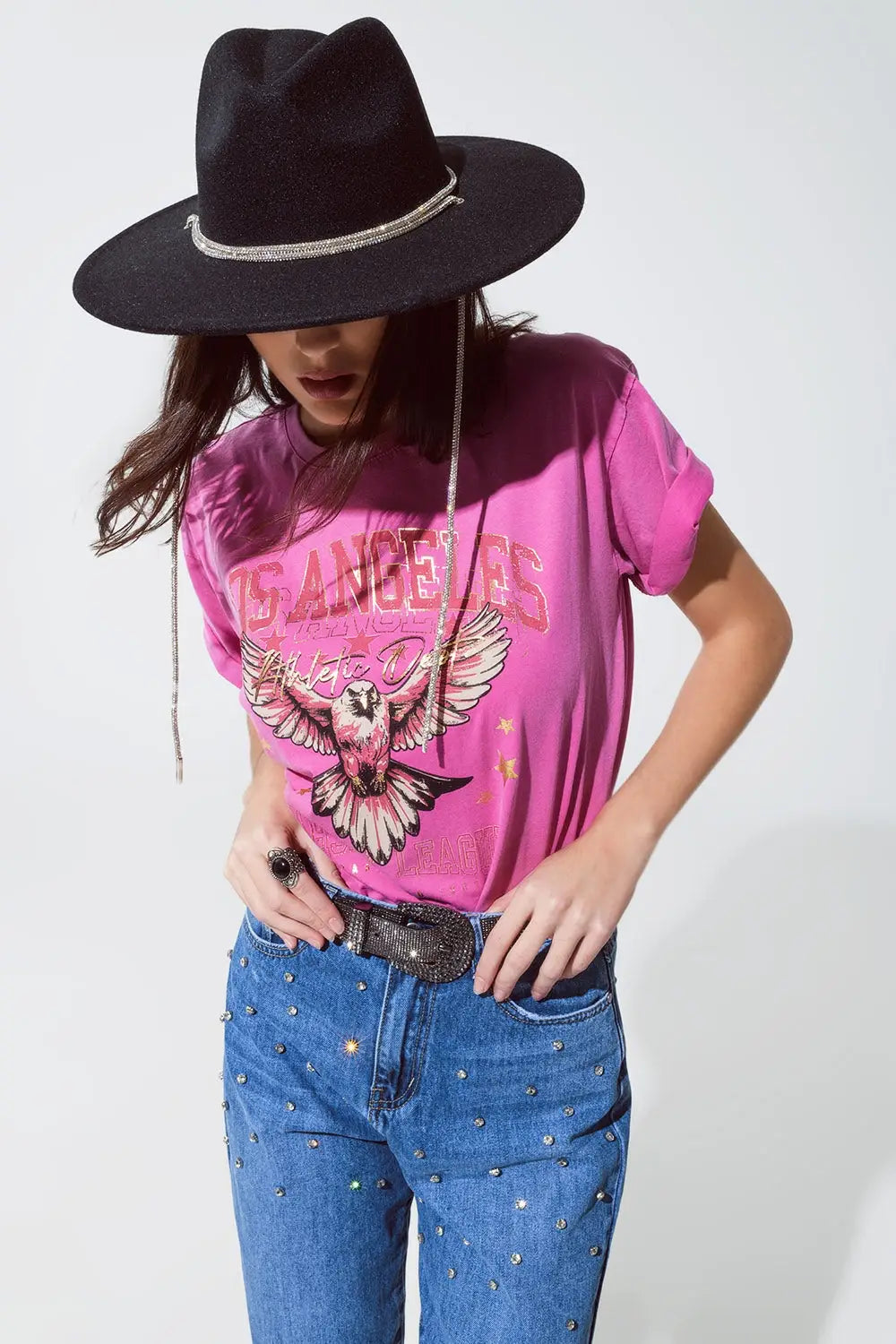 Pink T-shirt with Los Angeles print on the front - One Size / Pink - Tops