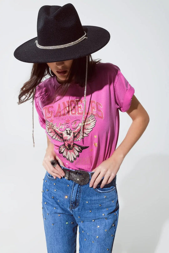 Pink T-shirt with Los Angeles print on the front - One Size / Pink - Tops