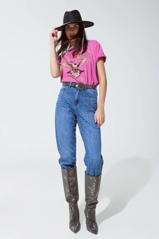Pink T-shirt with Los Angeles print on the front - One Size / Pink - Tops