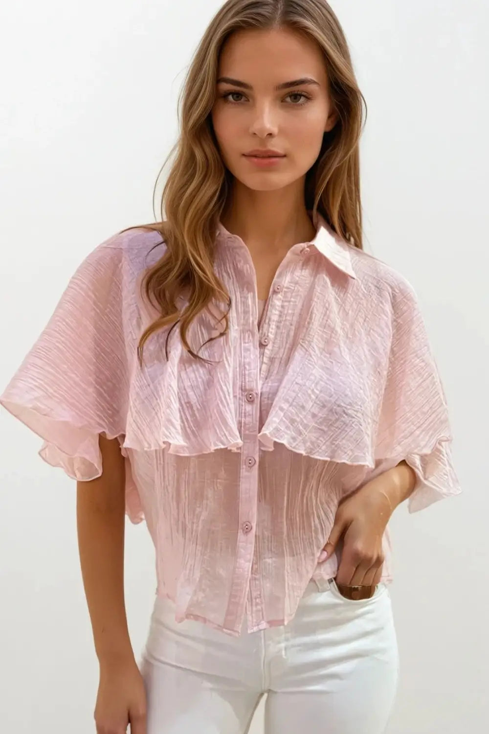 Pink textured chiffon blouse with dropped sleeves - Shirts