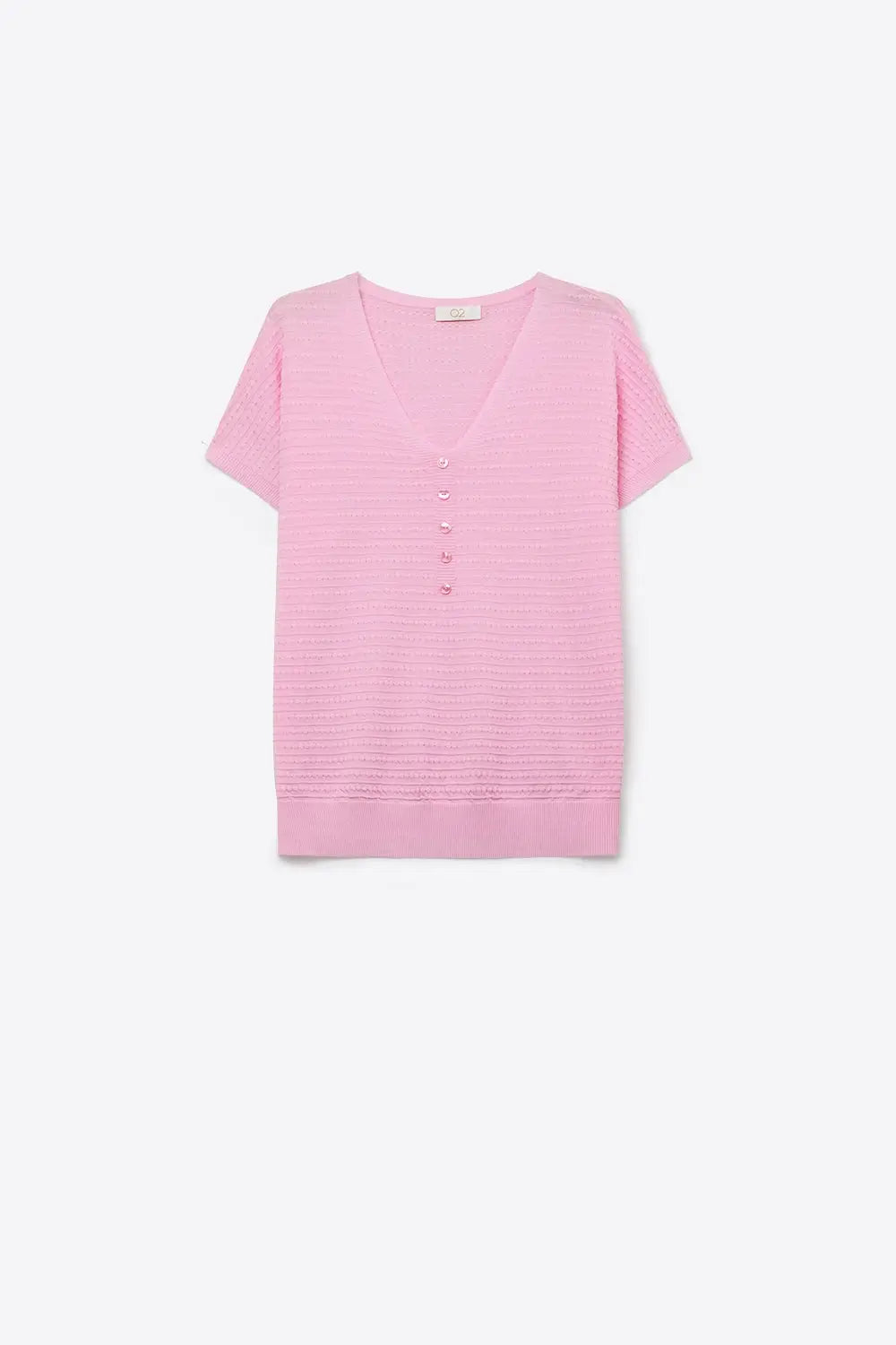 Q2 Pink Textured lightweight Knit V-Neck Button sweater