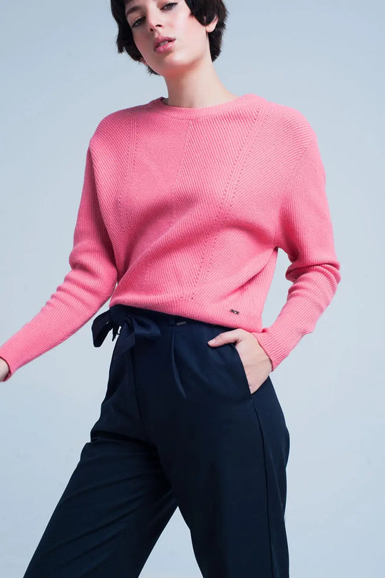 Pink Textured Sweater with Round Neck - Sweaters