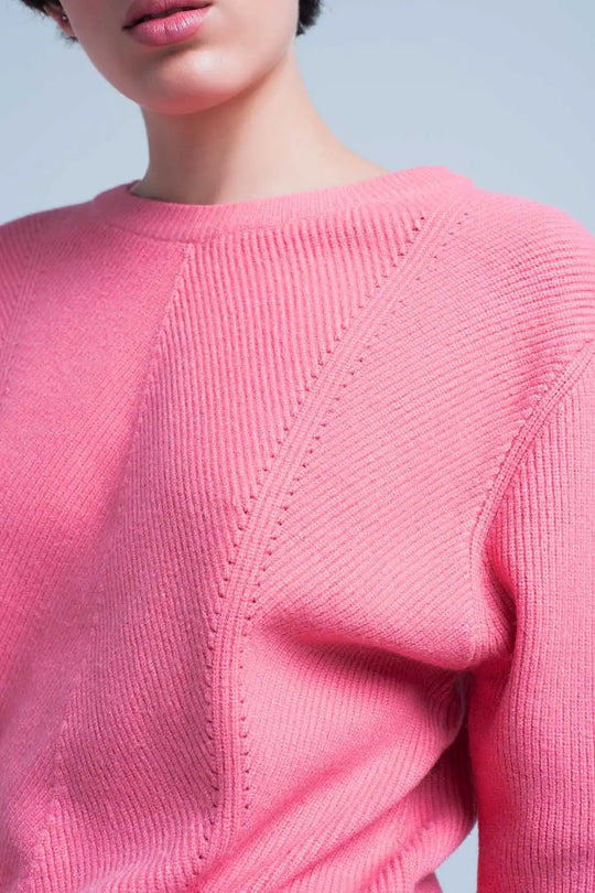 Pink Textured Sweater with Round Neck - Sweaters