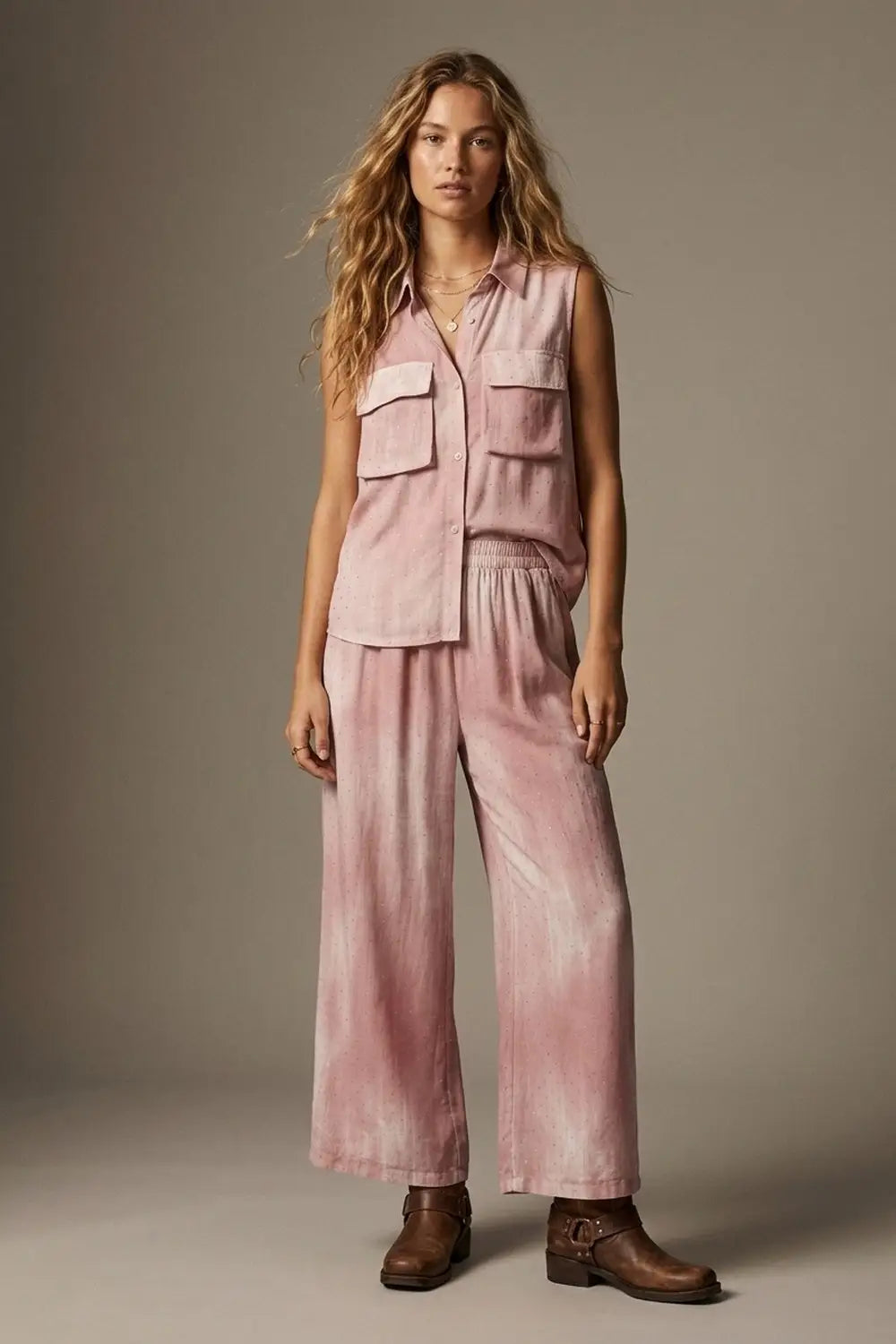 Q2 Pink Tie-Dye Sleeveless Shirt with embellished Rhinestone