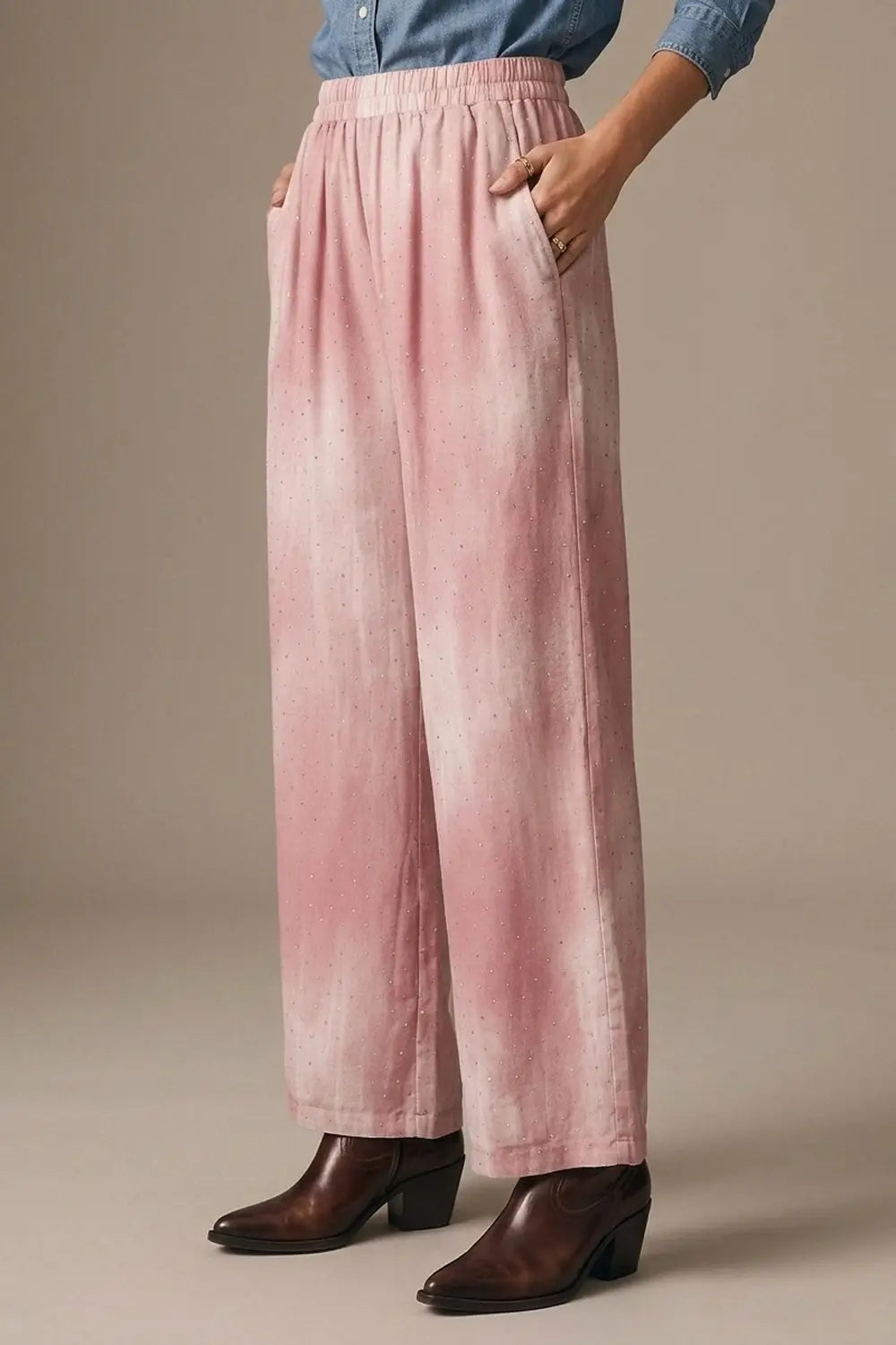 Q2 Pink Tie-Dye Wide-Leg Pants with elastic waist and embellished strass