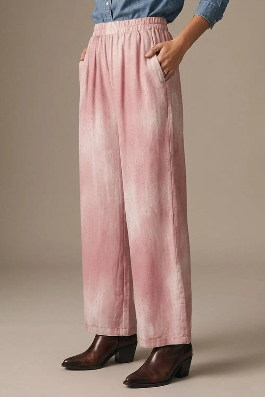 Q2 Pink Tie-Dye Wide-Leg Pants with elastic waist and embellished strass