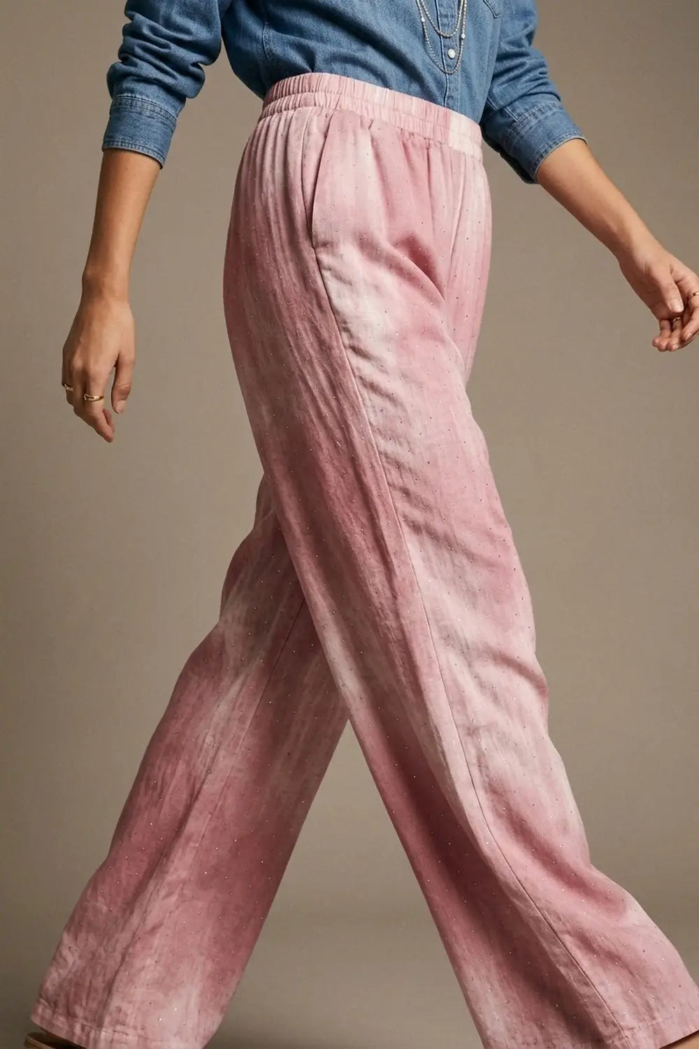 Pink Tie-Dye Wide-Leg Pants with elastic waist and embellished strass - Pants