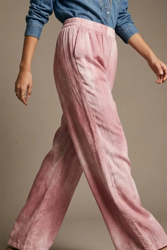 Pink Tie-Dye Wide-Leg Pants with elastic waist and embellished strass - Pants