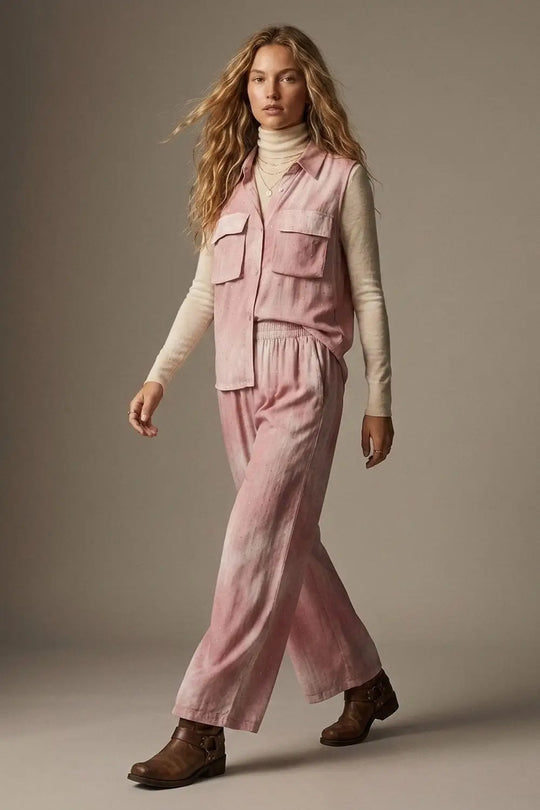 Pink Tie-Dye Wide-Leg Pants with elastic waist and embellished strass - Pants