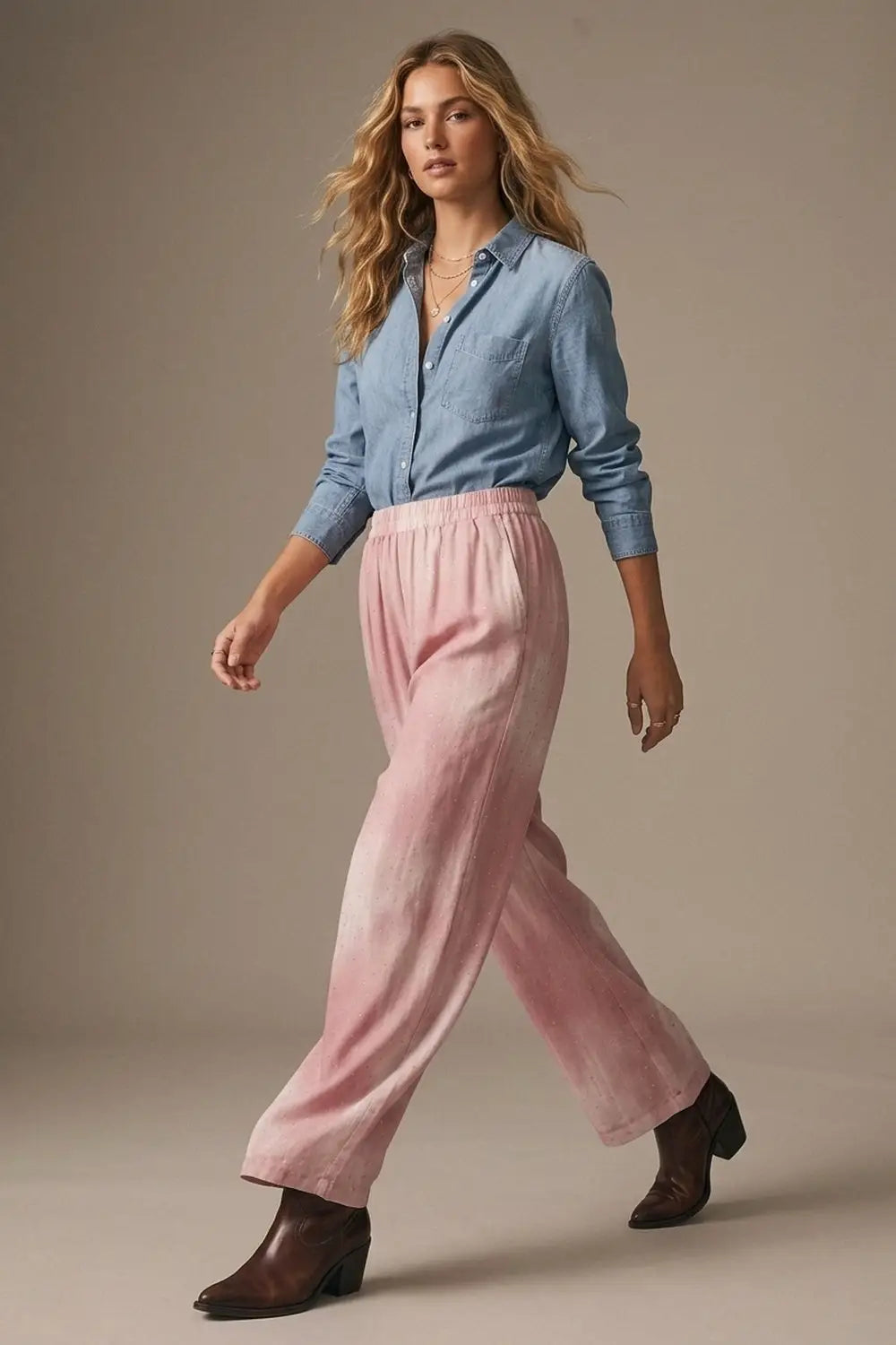 Pink Tie-Dye Wide-Leg Pants with elastic waist and embellished strass - Pants