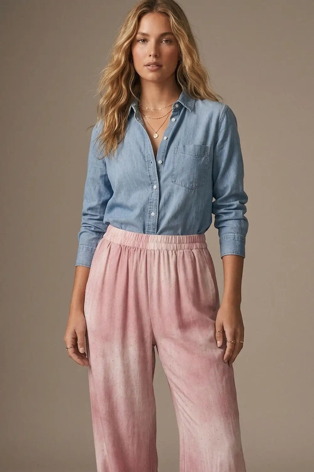 Pink Tie-Dye Wide-Leg Pants with elastic waist and embellished strass - Pants