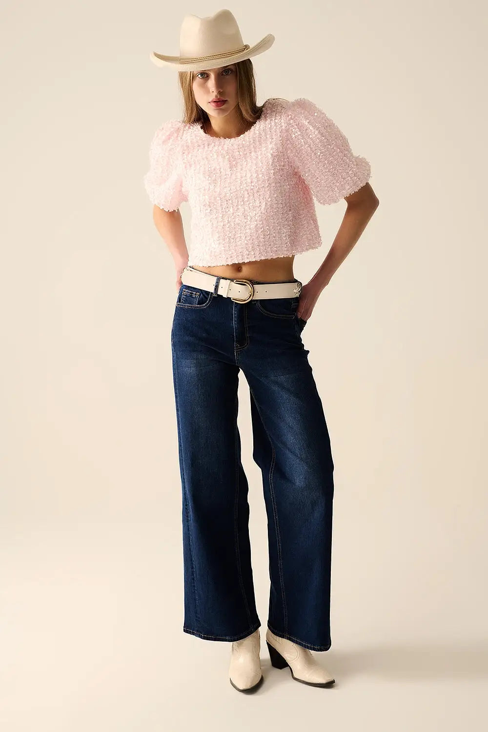 Pink top with sequin detail and balloon sleeves - Tops