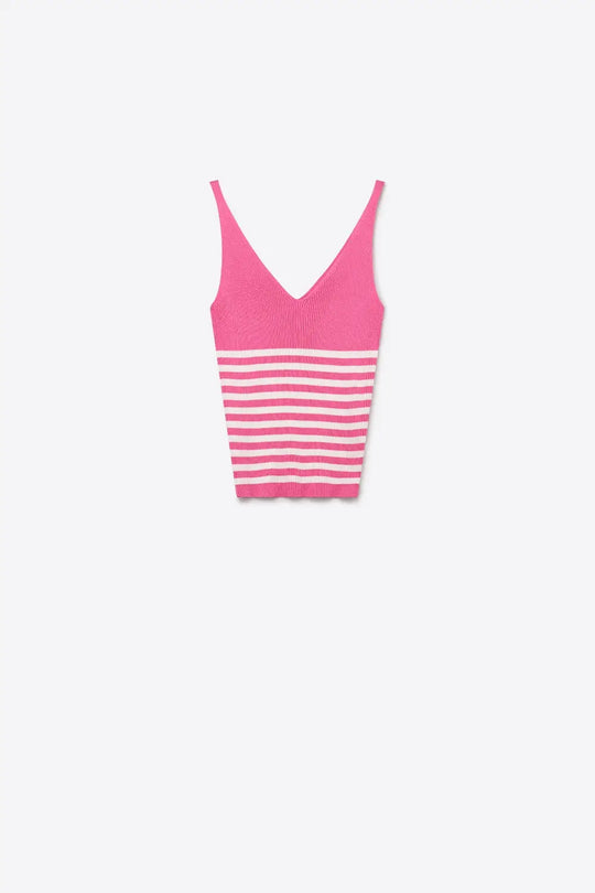 Q2 Pink White Stripe Ribbed Knit V-Neck Cropped Tank Top