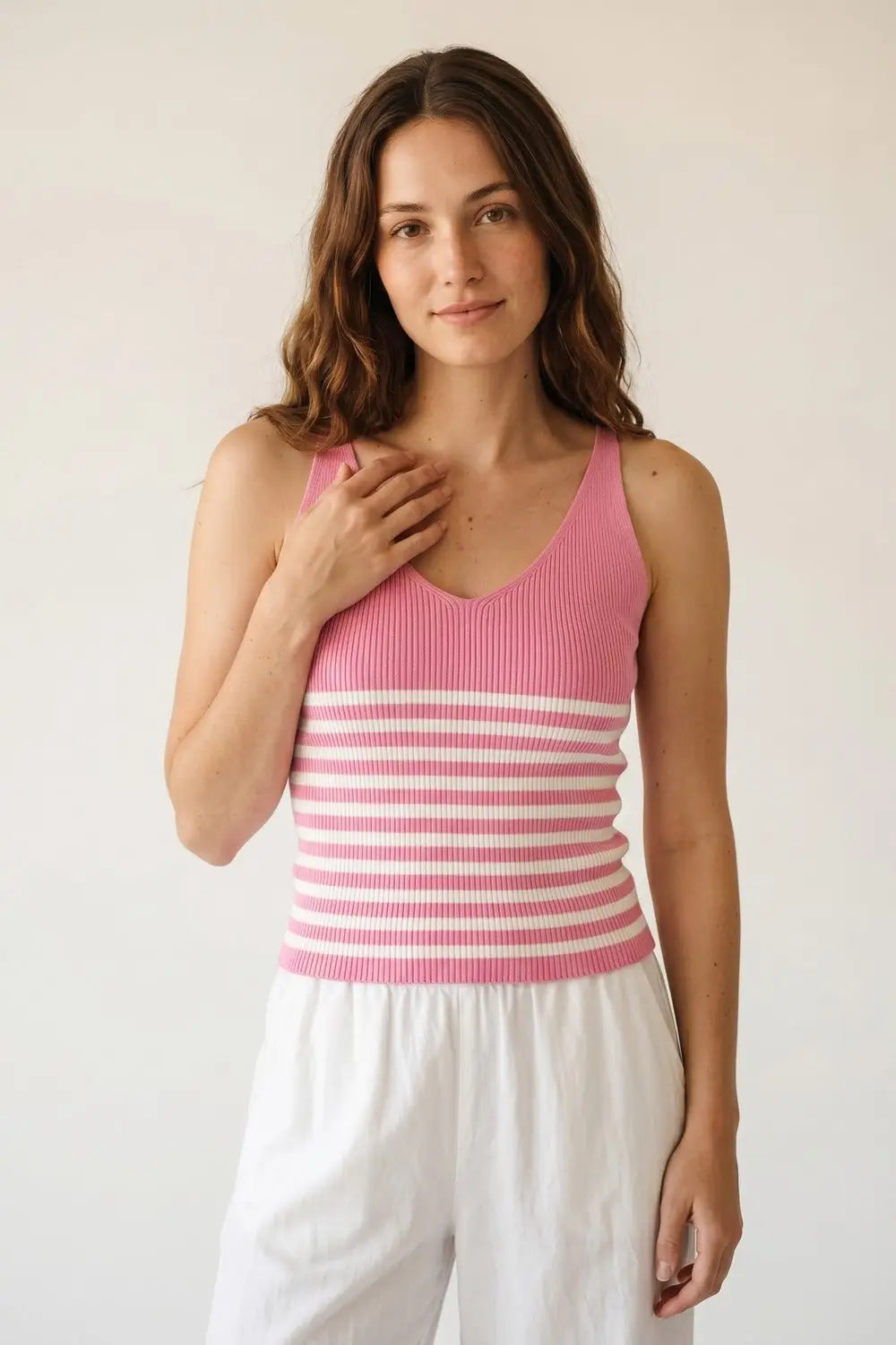 Pink White Stripe Ribbed Knit V-Neck Cropped Tank Top - One Size / Pink